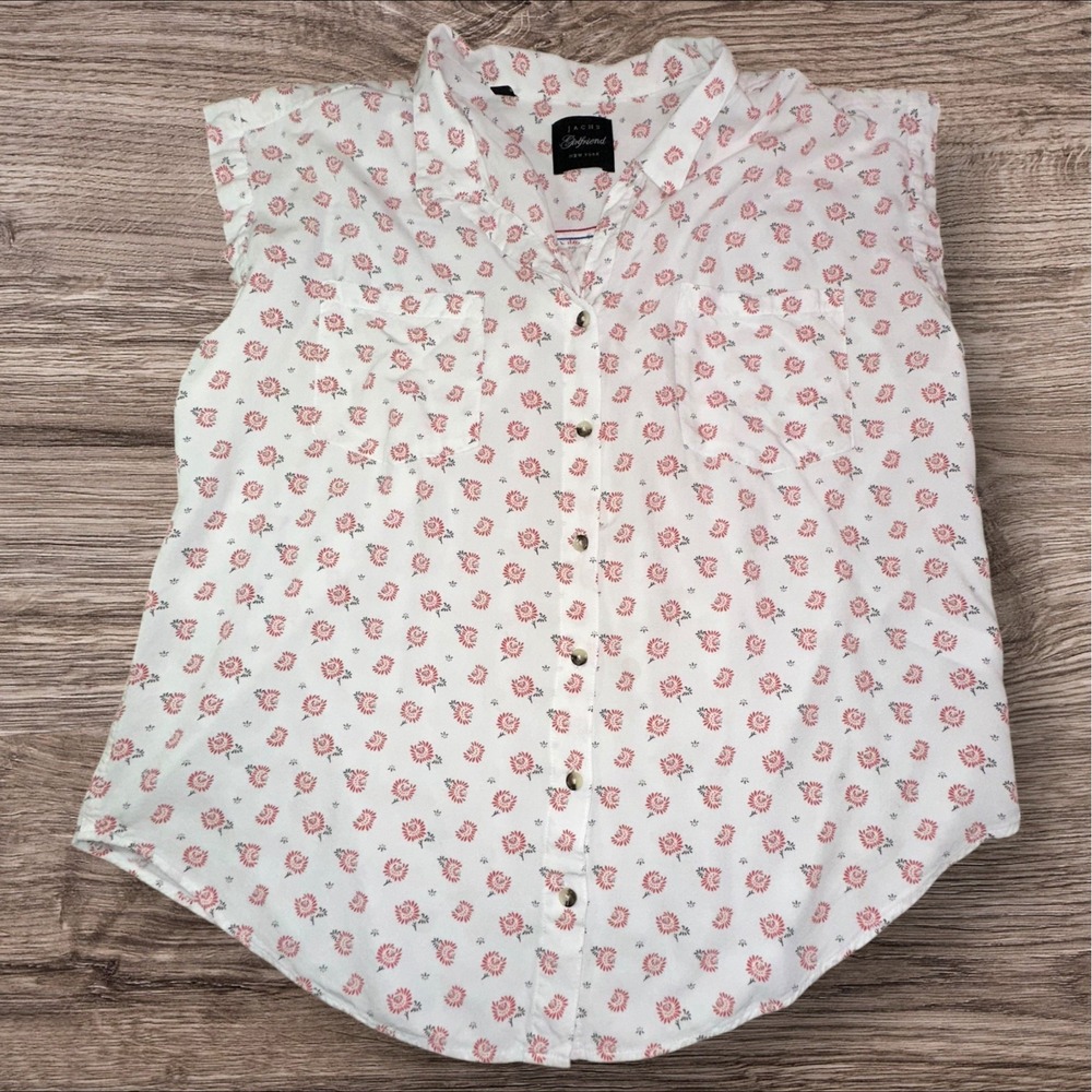 Jachs Girlfriend Ivory Floral Collared Button Up 2 Pocket Short Sleeve Shirt XL